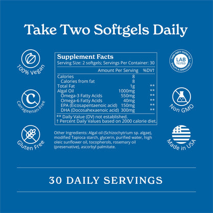 Calgee Vegan Omega-3 450mg DHA + EPA from Algae | Carrageenan-Free Softgels (120 Ct)