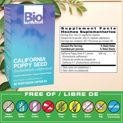 Bio Nutrition California Poppy: 60 Vegetarian Capsules for Relaxation