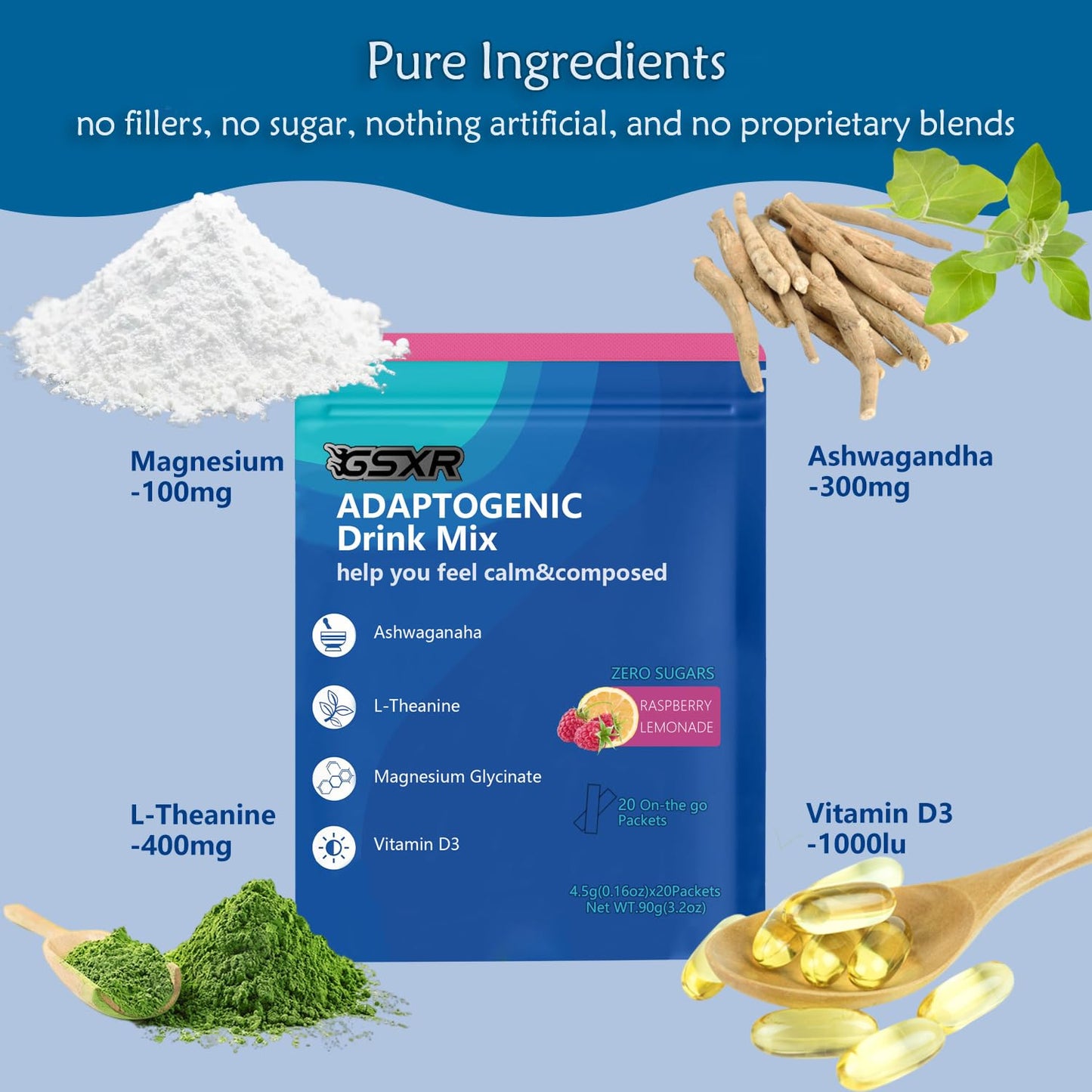 Adaptogenic Powder Drink Mix – Raspberry Lemonade, Calm Magnesium Glycinate with Ashwagandha & Vitamin D3, 3.2 oz, 20 Servings, No Sugar, Non-GMO