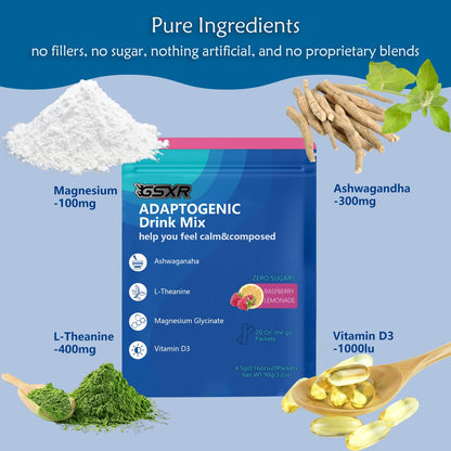 Adaptogenic Powder Drink Mix – Raspberry Lemonade, Calm Magnesium Glycinate with Ashwagandha & Vitamin D3, 3.2 oz, 20 Servings, No Sugar, Non-GMO