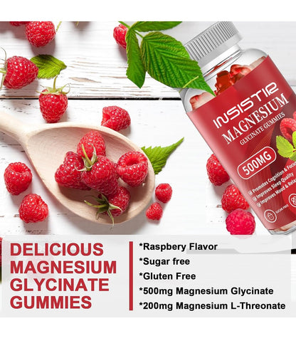 Magnesium Glycinate Gummies 500mg – Sugar Free, Potassium & Vitamin D3 + CoQ10 | Relaxation & Sleep Support | 60 Raspberry Gummies