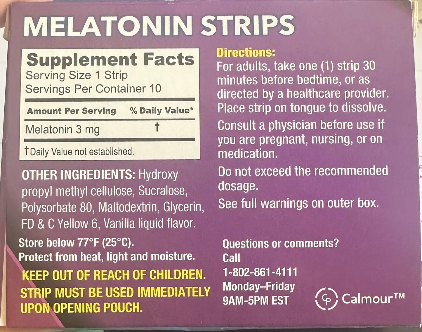 CALMOUR 10 Oral Sleep Strips | 3mg Melatonin Fast-Dissolving Sleep Aid for Restful Nights and Eye Health