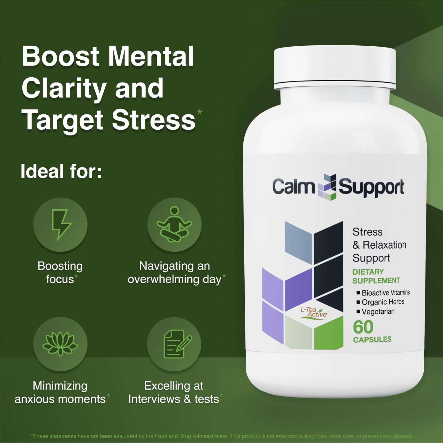CalmSupport: Stress & Relaxation Support - Ashwagandha, Passion Flower, Valerian Root, Ginger, GABA, Velvet Bean, Motherwort, Oat Seed, Phyllanthus, L-Theanine, L-Tryptophan, Folate, C,B1,B6,B12,Zinc