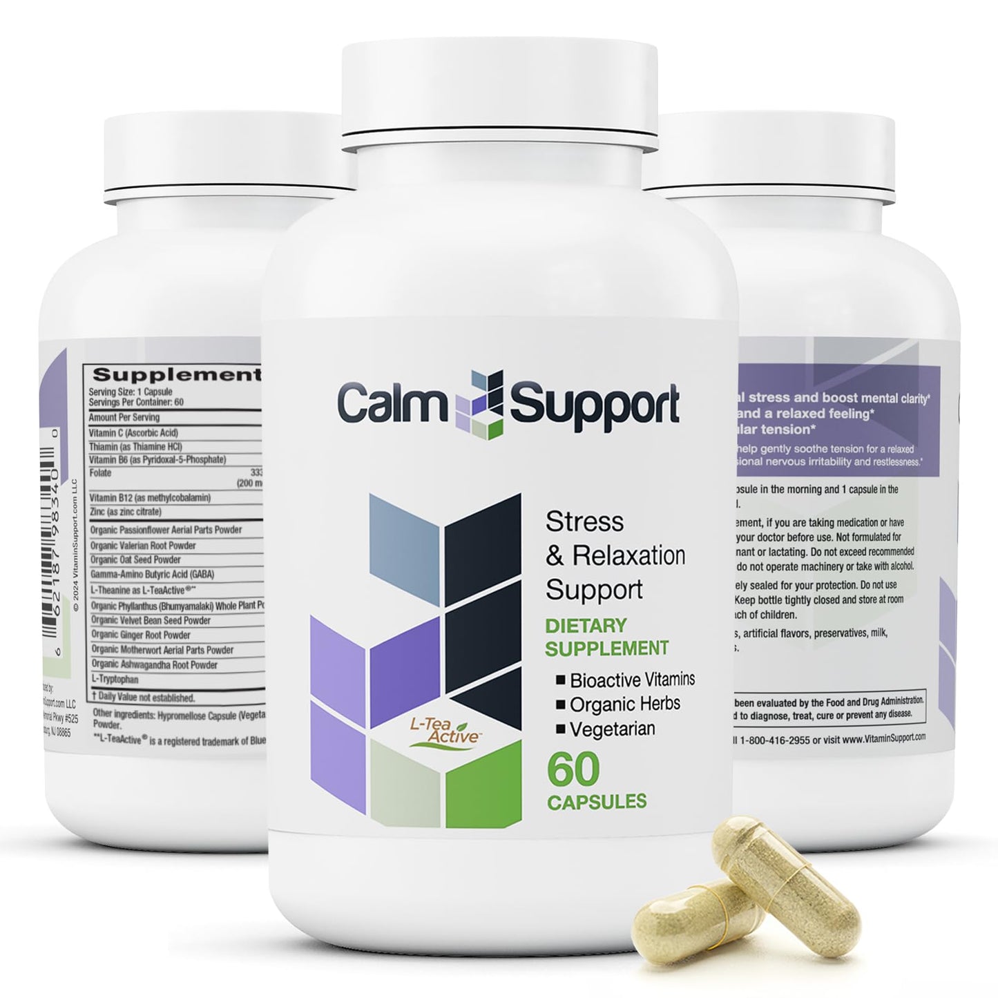 CalmSupport: Stress & Relaxation Support - Ashwagandha, Passion Flower, Valerian Root, Ginger, GABA, Velvet Bean, Motherwort, Oat Seed, Phyllanthus, L-Theanine, L-Tryptophan, Folate, C,B1,B6,B12,Zinc