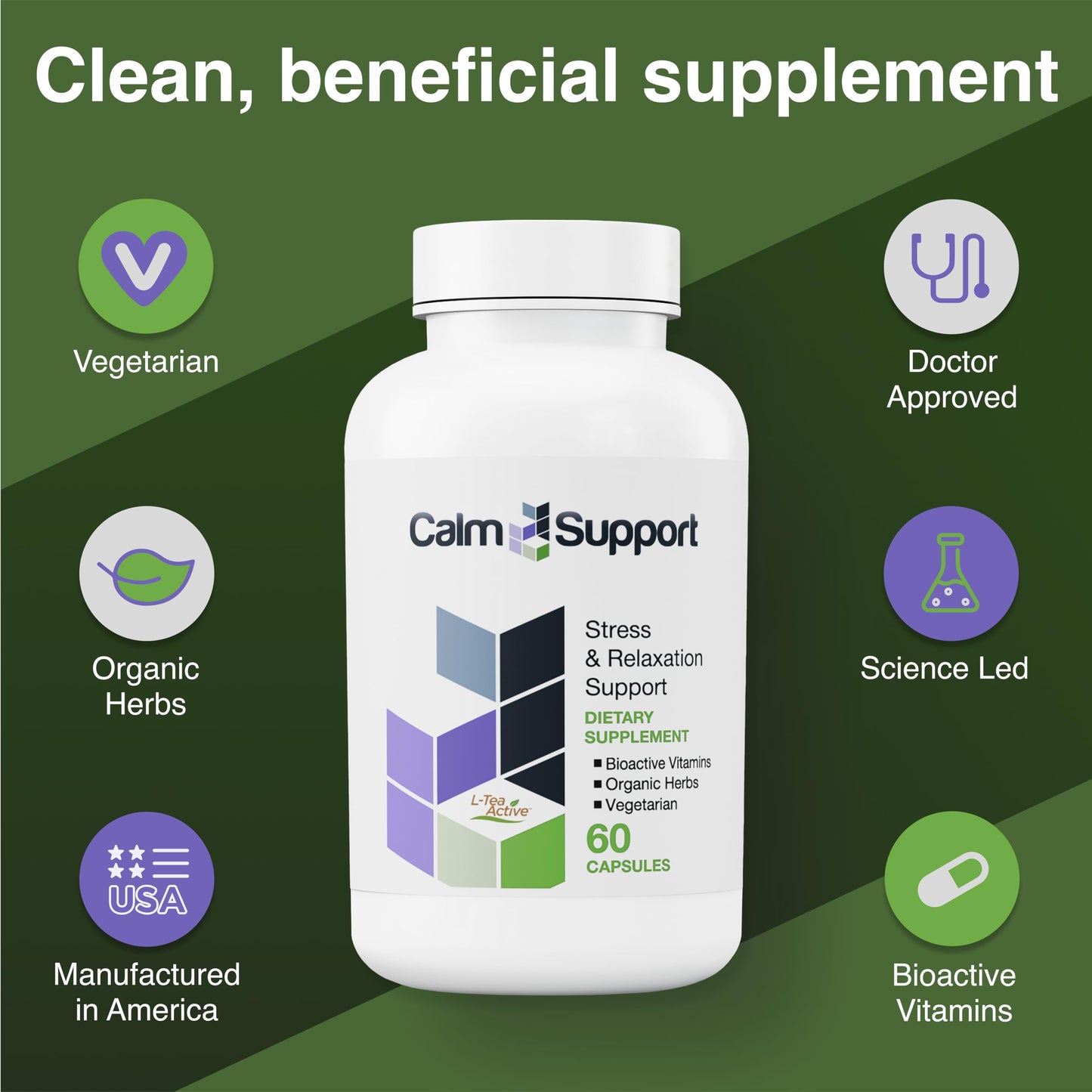 CalmSupport: Stress & Relaxation Support - Ashwagandha, Passion Flower, Valerian Root, Ginger, GABA, Velvet Bean, Motherwort, Oat Seed, Phyllanthus, L-Theanine, L-Tryptophan, Folate, C,B1,B6,B12,Zinc