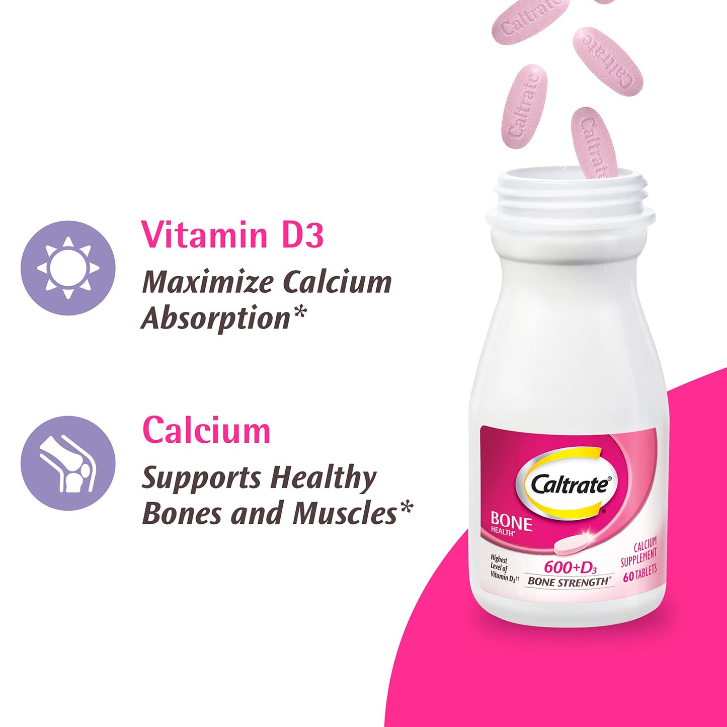 Caltrate 600 Plus D3 Calcium & Vitamin D Tablets – 60 Count | Bone Health