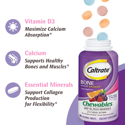 Caltrate Chewables 600 Plus D3 Plus Minerals Calcium Vitamin D Supplement – 60 Count (Cherry, Orange & Fruit Punch)