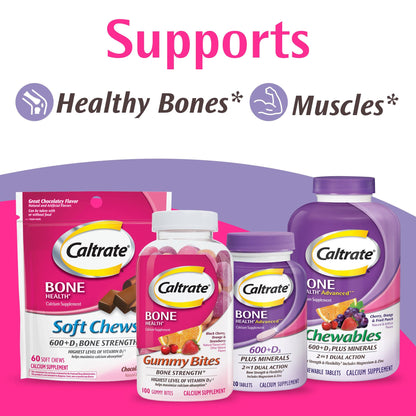 Caltrate Chewables 600 Plus D3 Plus Minerals Calcium Vitamin D Supplement – 60 Count (Cherry, Orange & Fruit Punch)