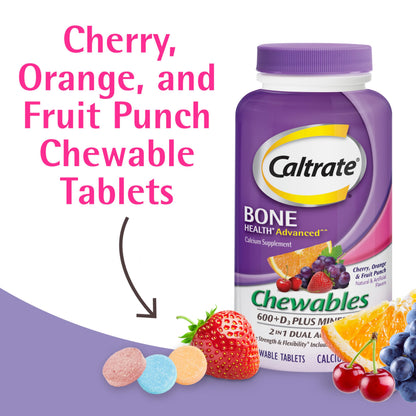 Caltrate Chewables 600+D3 Plus Minerals Calcium and Vitamin D Supplement - Sugar Free, Cherry, Orange & Fruit Punch, 90 Count