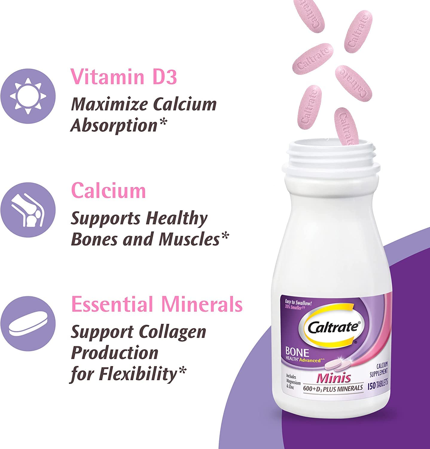 Caltrate Minis + Minerals – 150 Count (Pack of 2) | Calcium + Vitamin D3 + Zinc, Copper & Manganese