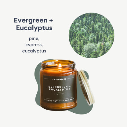 Calyan Wax Co. Evergreen & Eucalyptus Candle — 57-Hour Burn, Non-Toxic Soy, Amber Jar 7.2oz