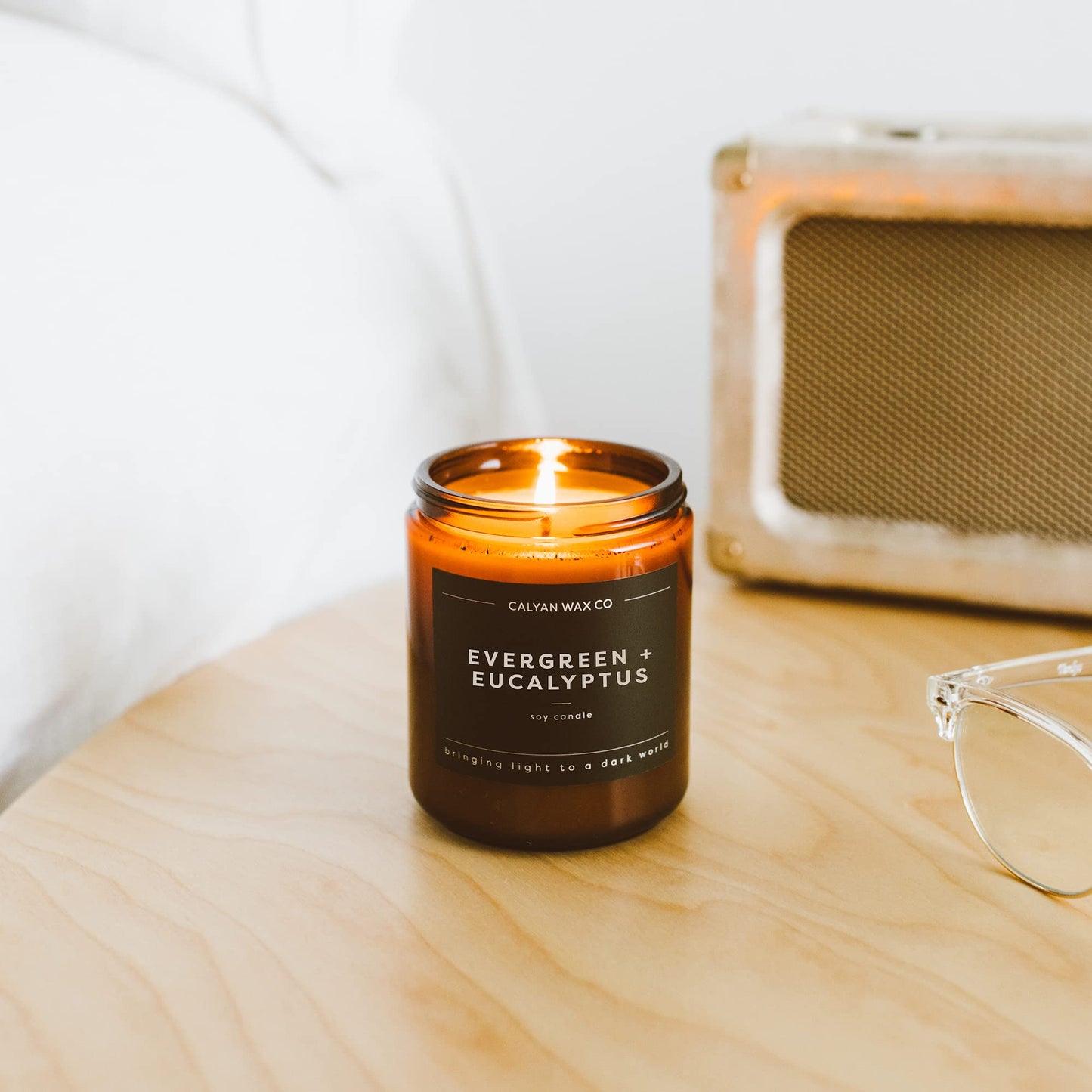 Calyan Wax Co. Evergreen & Eucalyptus Candle — 57-Hour Burn, Non-Toxic Soy, Amber Jar 7.2oz