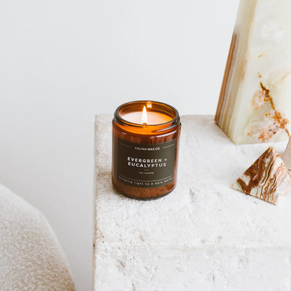 Calyan Wax Co. Evergreen & Eucalyptus Candle — 57-Hour Burn, Non-Toxic Soy, Amber Jar 7.2oz