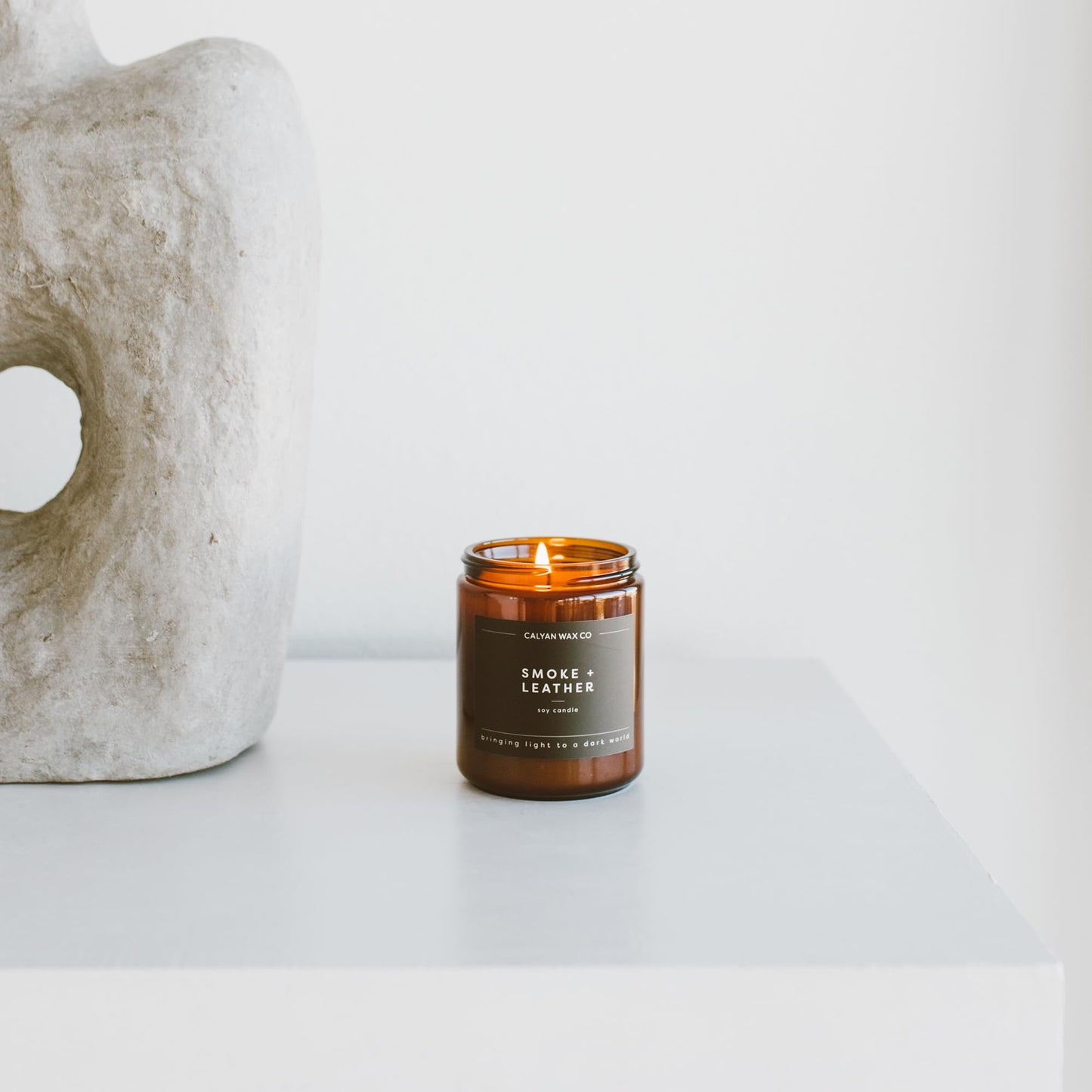Calyan Wax Co. Smoke & Leather Candle — 57-Hour Soy, Amber Jar