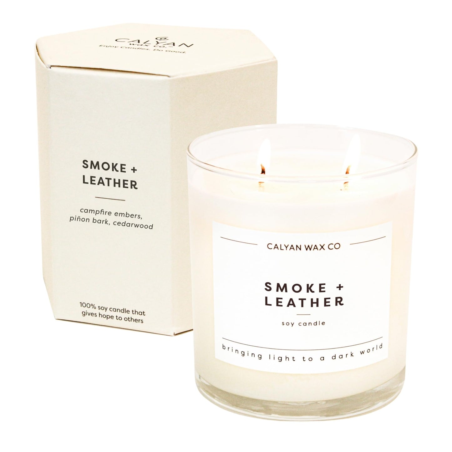 Calyan Wax Co. Smoke & Leather 2-Wick Soy Candle – 37-Hour Burn, 8.8oz