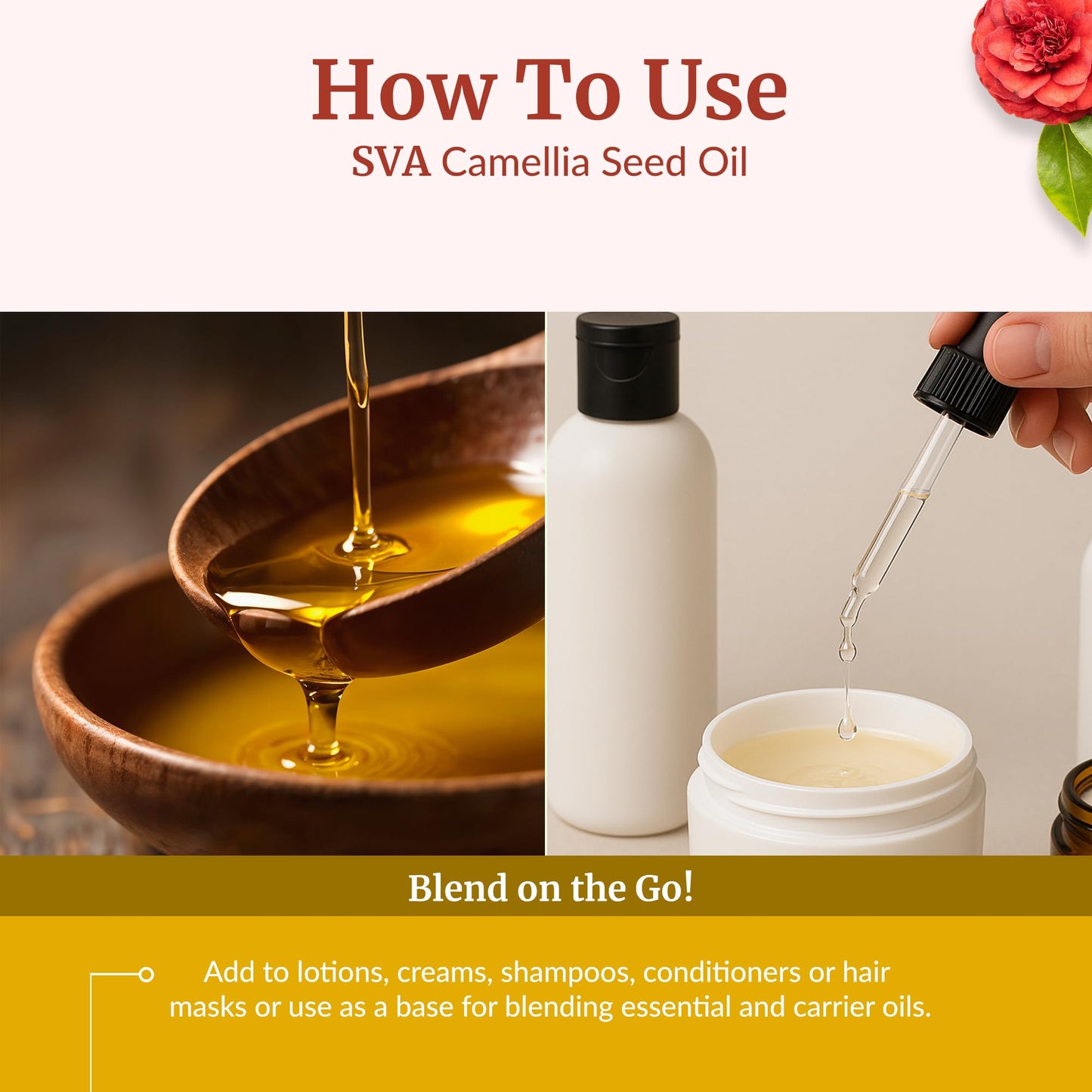 SVA Camellia Seed Oil Organic – Cold-Pressed Carrier Oil, 4 Fl Oz with Dropper
