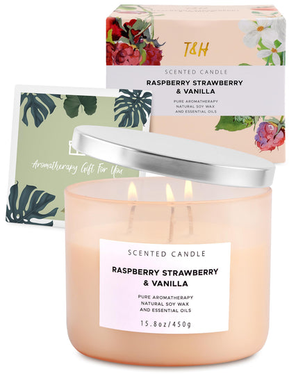 Raspberry Strawberry Vanilla 3-Wick Soy Candle – 15.8 oz | Long-Lasting Aromatherapy with Strong Throw