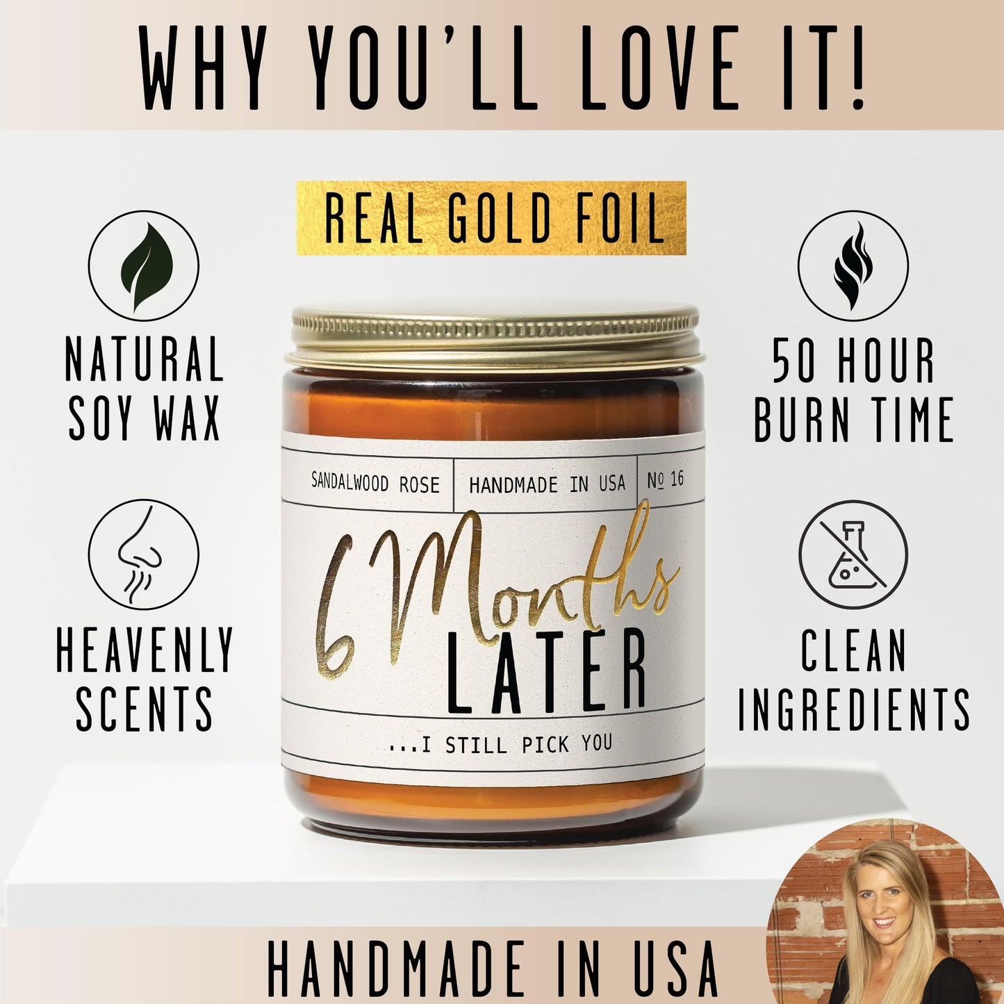 6 Month Anniversary Gift for Girlfriend - Sandalwood Rose Soy Candle, 9oz, USA Made