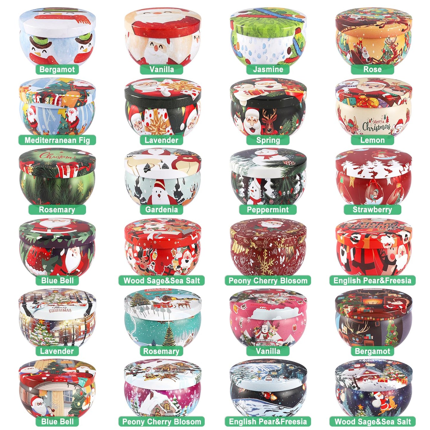 24Pack Christmas Scented Candle Tins Gift Set – Soy Wax, Smokeless, 2.5oz