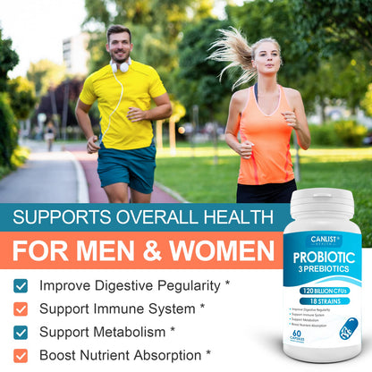 CANLIST Probiotics 120B CFUs – 18 Strains, Prebiotics & Digestive Enzymes – 60 Caps (Non-GMO)
