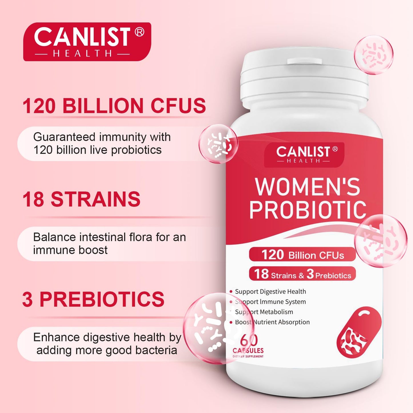 CANLIST Women's Probiotics 120B CFUs | 18 Strains | 60 Capsules | Non-GMO & Vegan