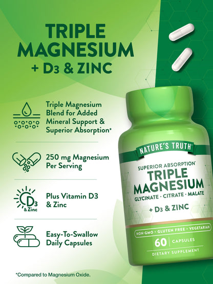 Nature's Truth Triple Magnesium Complex - 60 Capsules | Glycinate, Citrate & Malate + D3 & Zinc