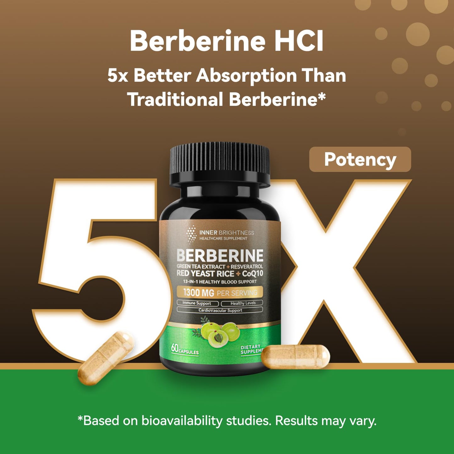 Berberine 1300mg with Green Tea Extract, Resveratrol, Red Yeast Rice & CoQ10 – 13-in-1 Immune & Metabolic Support, 60 Caps, Non-GMO