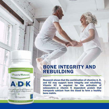 Power By Naturals ADK Vitamin Supplement: Vitamin A, D3 5000 IU, and Vitamin K2 MK-7 for Bone Health | Pack of 2 (60 Capsules Each)