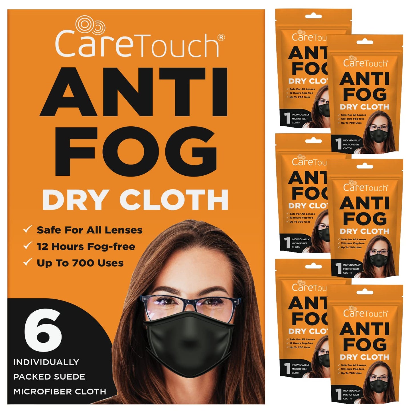 Care Touch Anti-Fog Dry Cloth – 6-Pack Microfiber Wipes for Glasses, Reusable Suede Cloth