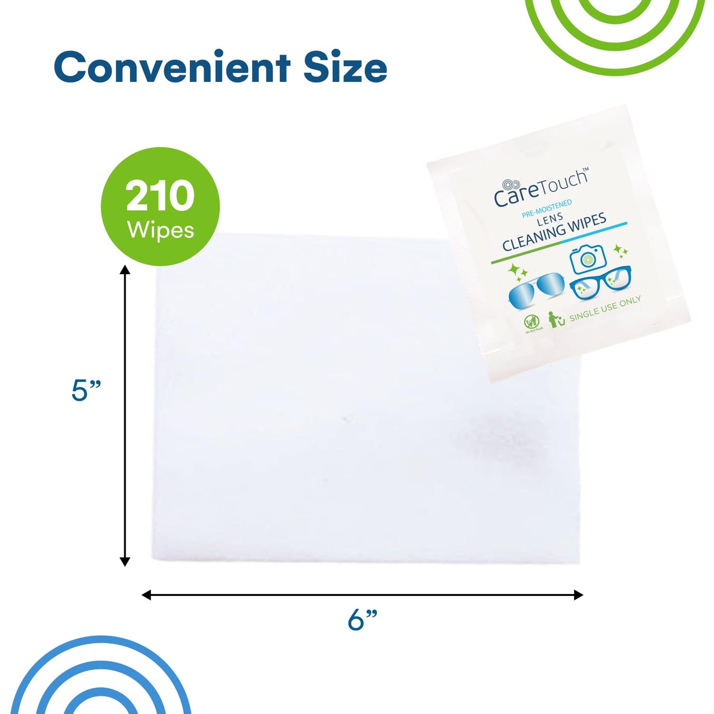 Care Touch Lens Wipes for Eyeglasses - 210 Count Pre-Moistened Wipes, 5 x 6 Inch, Portable Cleaner for Glasses, Sunglasses, and Camera Lenses