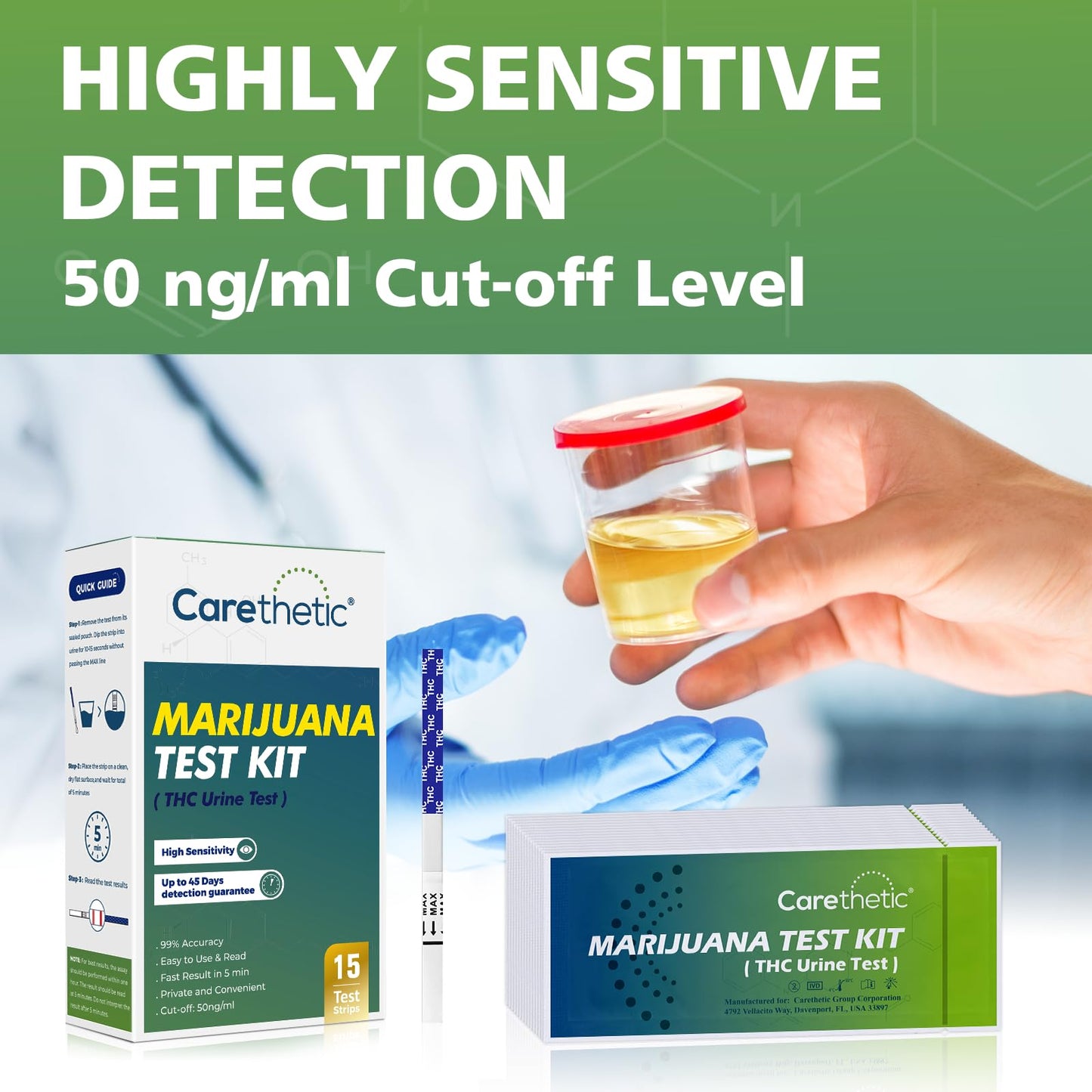 Carethetic THC Test Kit - Marijuana Urine Test Strips, 15-Pack, 45-Day Detection, 99% Accurate - Home Use