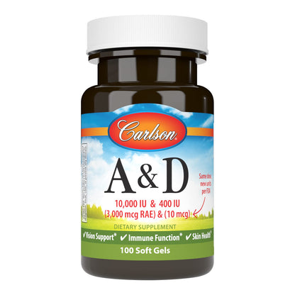Carlson A&D Vitamin A & D3 - 10000 IU / 400 IU | Vision & Skin Health (100 Soft Gels)