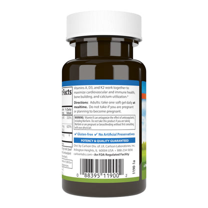 Carlson - Vitamins A, D3, K2, 60 Soft Gels | 3000 mcg RAE A, 125 mcg D3, 90 mcg K2 MK-7