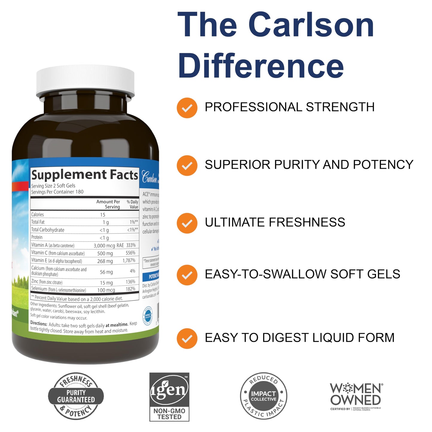Carlson ACES + Zn Multivitamin with Zinc – Immune Support, Antioxidants, 360 Softgels