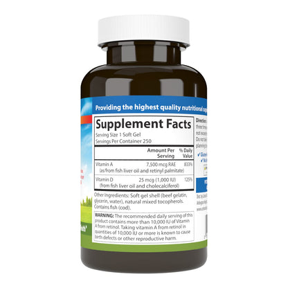 Carlson A&D Vitamin A & D Softgels – Vision & Skin Health | 25,000 IU / 1,000 IU | 250 Softgels