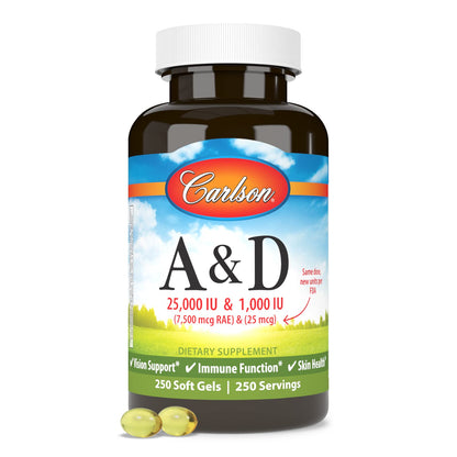 Carlson A&D Vitamin A & D Softgels – Vision & Skin Health | 25,000 IU / 1,000 IU | 250 Softgels