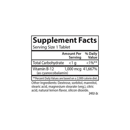 Carlson B-12 Chewable 1000 mcg - Energy, Nerve Function & Wellness - Lemon (180 tabs)