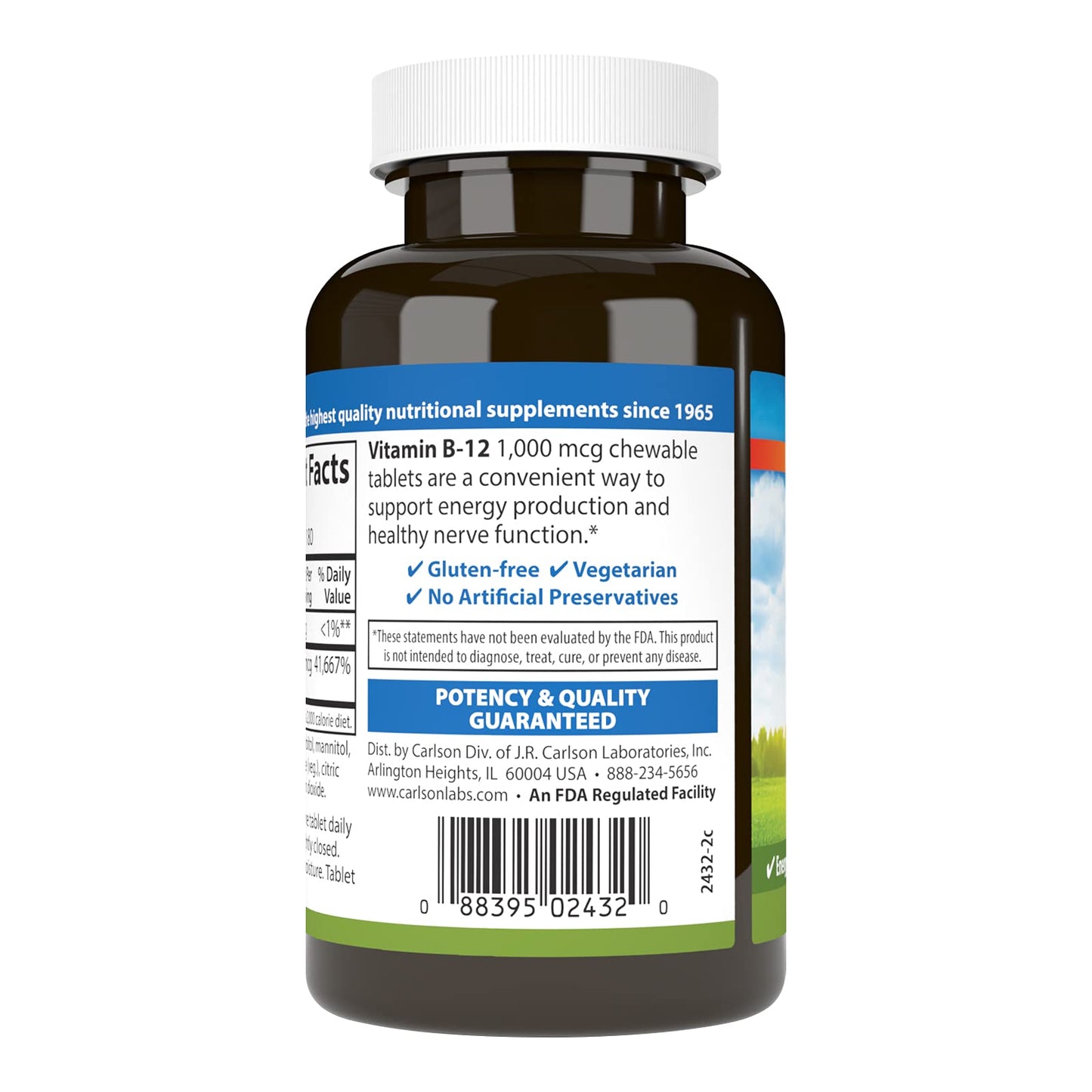 Carlson B-12 Chewable 1000 mcg - Energy, Nerve Function & Wellness - Lemon (180 tabs)