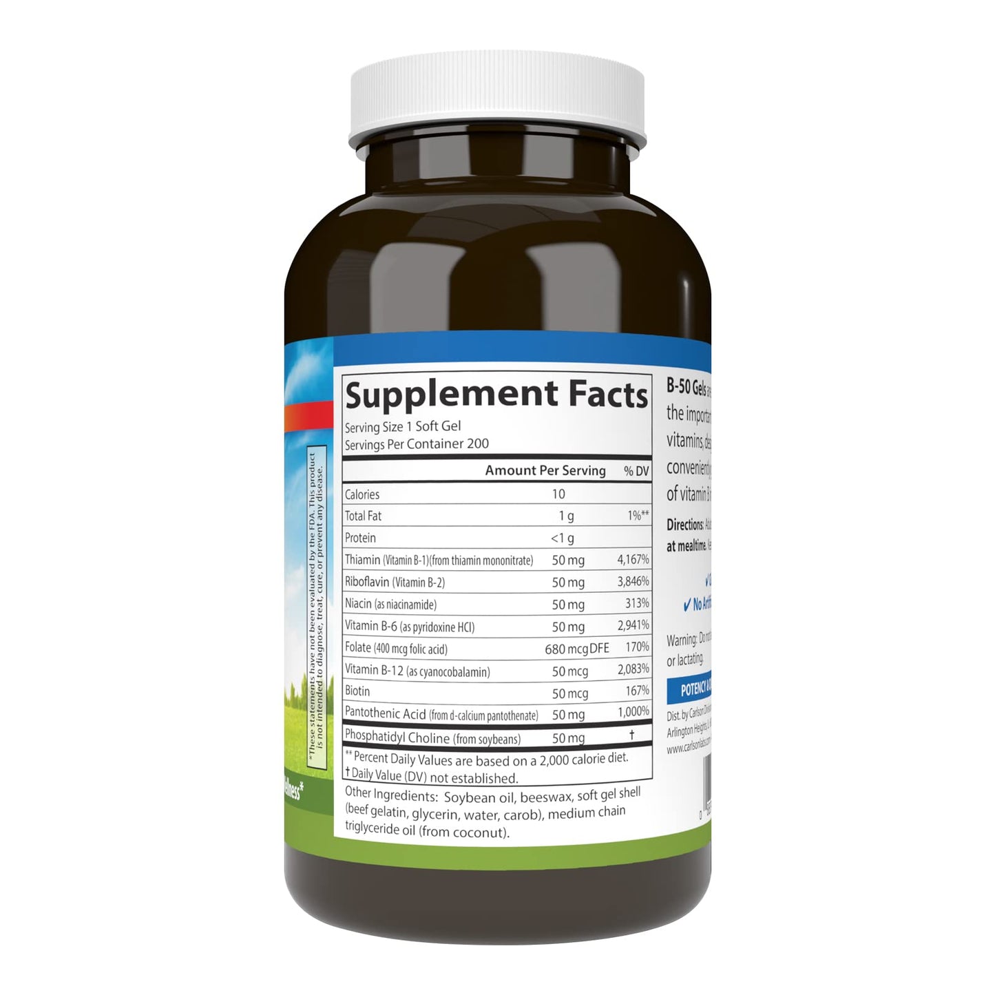 Carlson B-50 Gels | Vitamin B Complex for Energy Production & Cellular Support | 200 Softgels