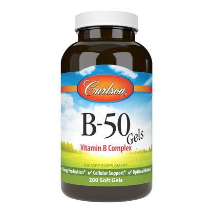 Carlson B-50 Gels | Vitamin B Complex for Energy Production & Cellular Support | 200 Softgels