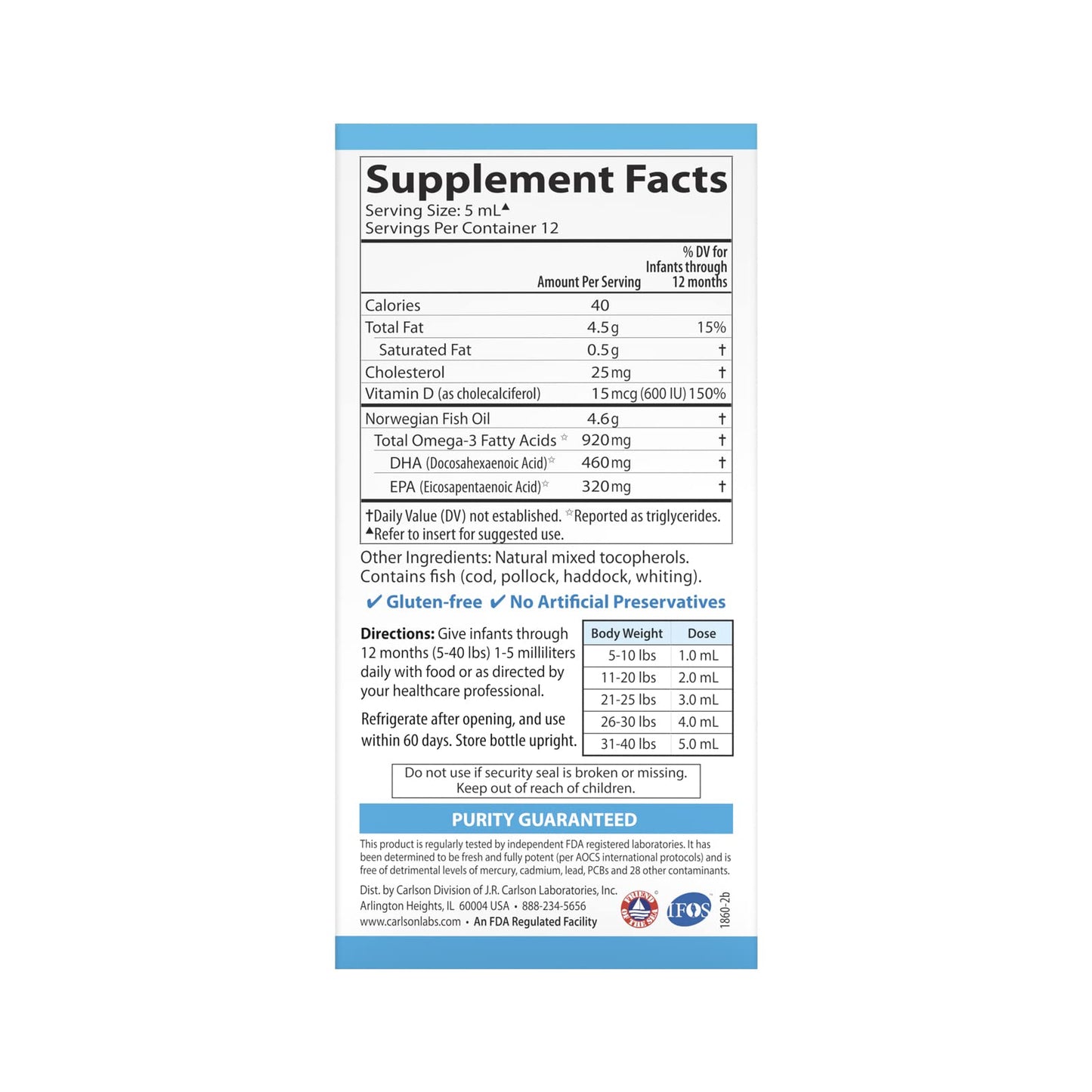 Carlson Baby's DHA Liquid – 920 mg Omega-3s + 600 IU Vitamin D3 (60 mL)