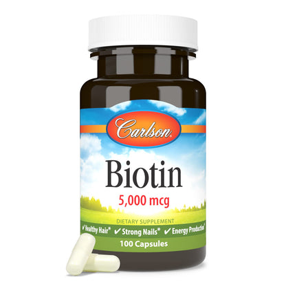 Carlson Biotin 5000 mcg - Healthy Hair, Strong Nails & Energy Production | 100 Capsules