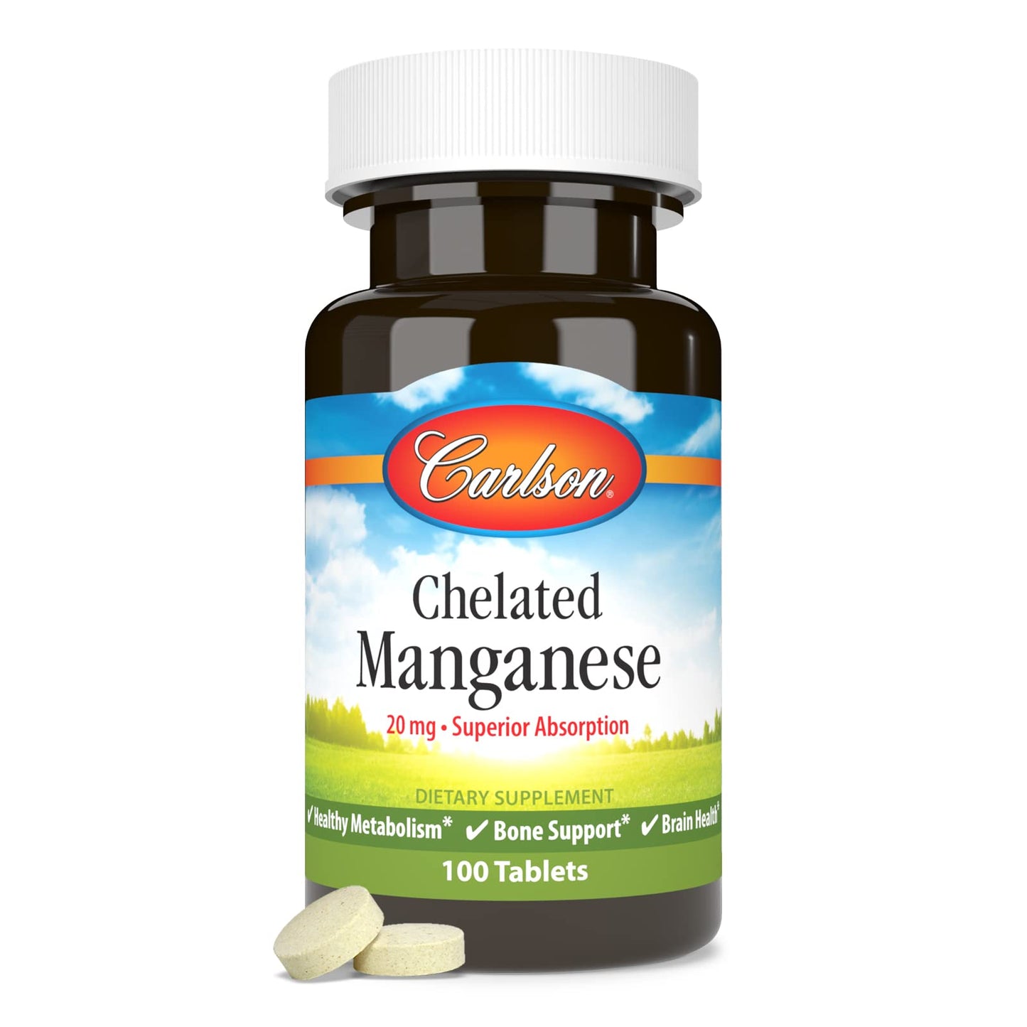 Carlson Chelated Manganese 20 mg | Superior Absorption | 100 Tablets (Pack of 2)