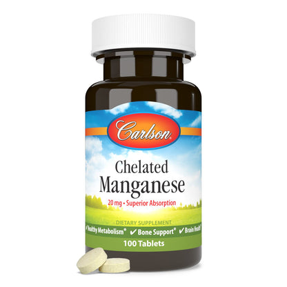 Carlson Chelated Manganese 20 mg | Superior Absorption | 100 Tablets (Pack of 2)