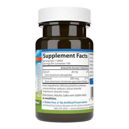 Carlson Chelated Chromium 200 mcg - Superior Absorption, 100 Tablets