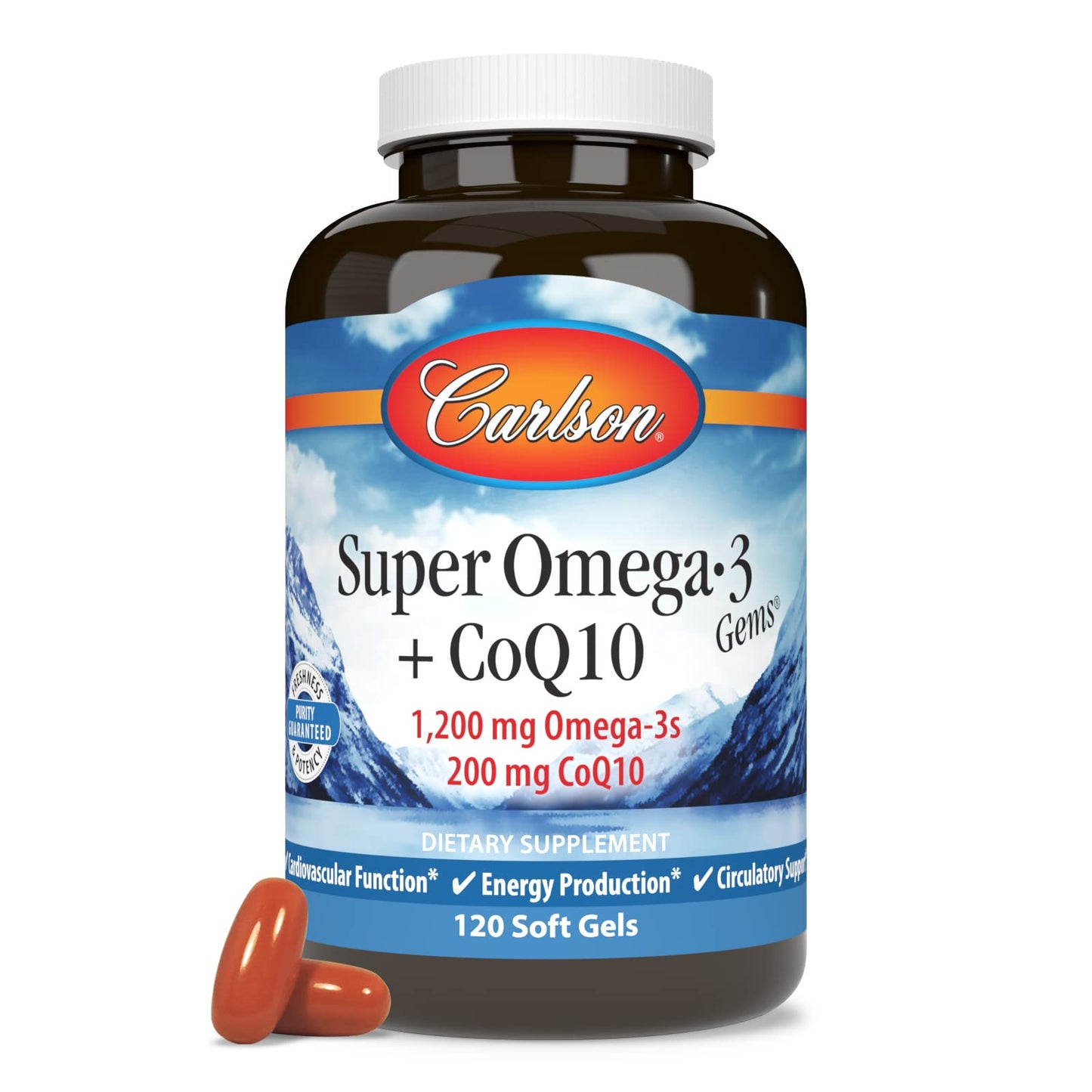 Carlson Super Omega-3 Gems + CoQ10 - 1200 mg Omega-3s, 200 mg CoQ10 | 120 Softgels