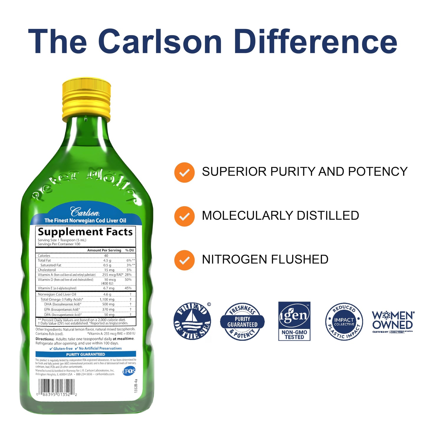 Carlson Cod Liver Oil 1100 mg Omega-3s + Vitamins A & D3 — Wild-Caught Nordic Arctic, Lemon, 500 mL