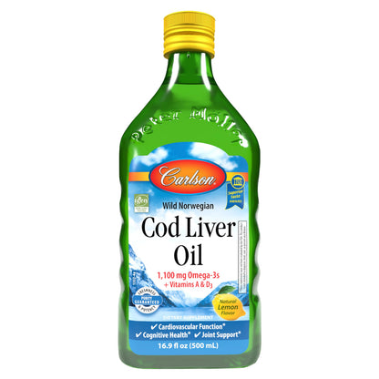 Carlson Cod Liver Oil 1100 mg Omega-3s + Vitamins A & D3 — Wild-Caught Nordic Arctic, Lemon, 500 mL