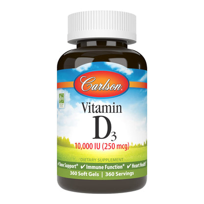 Carlson Vitamin D3 10,000 IU (250 mcg) - Cholecalciferol for Bone & Immune Health | 360 Soft Gels