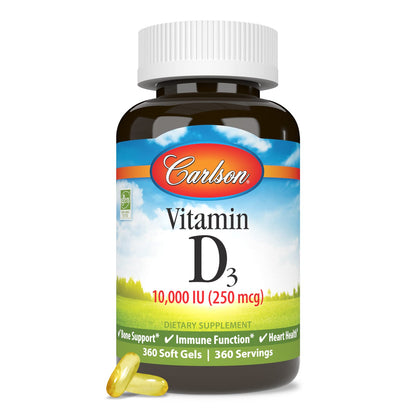 Carlson Vitamin D3 10,000 IU (250 mcg) - Cholecalciferol for Bone & Immune Health | 360 Soft Gels